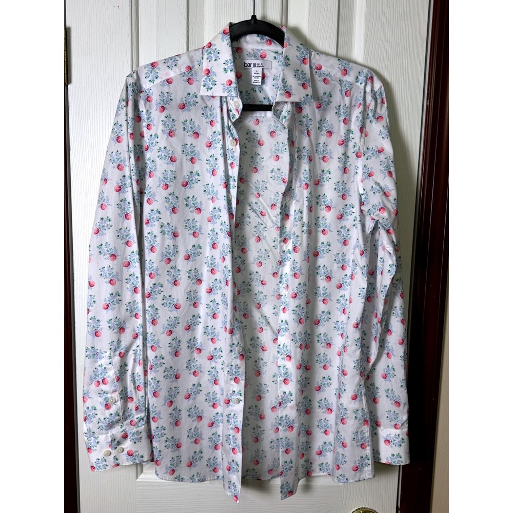 Bar III Mens Slim Fit Stretch Floral Dress Shirt White Pink Blue Small 14-14.5